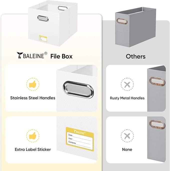 BALEINE File Organizer Box, Cardboard File Folder Organizer with Handle for Letter Size, Portable Collapsible Hanging Filing Box for Home Office Document Storage (2 Pack, Large White)
