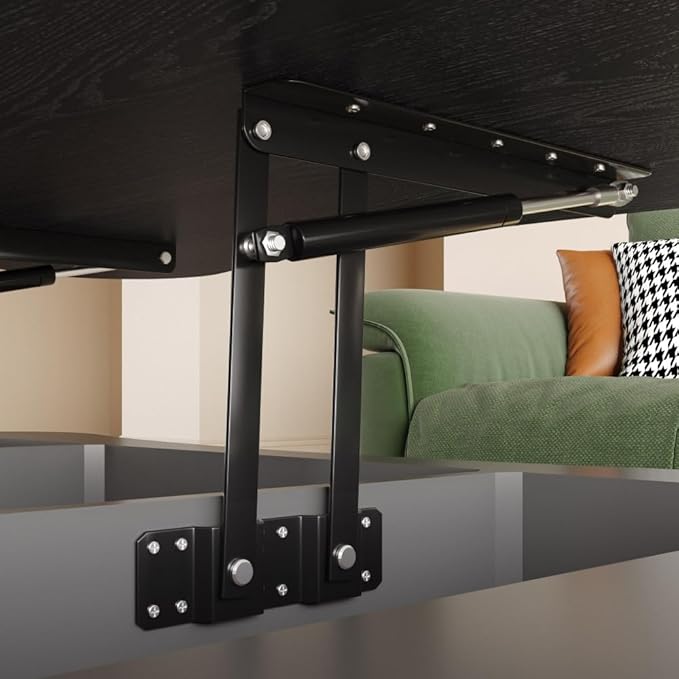 Lift Top Coffee Table with Hidden Storage Fluted Panel Silent Hydraulic Lift Curved Corners (Black)