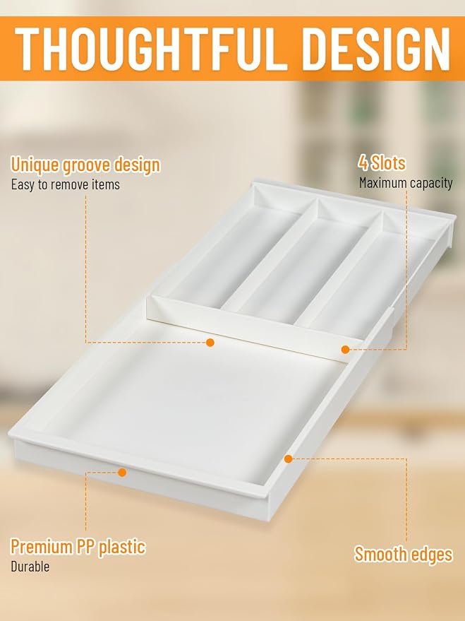 Silverware Drawer Organizer Tray (Cream) | Adjustable Small Utensil Holder for Spoon and Fork, Expandable Flatware Cutlery Tray for Kitchen Drawers