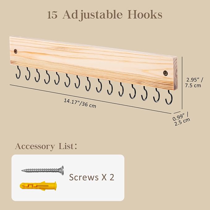 Lolalet Wooden Necklace Holder for Wall with 15 Hooks -Nature | Wall Mount Jewelry Hangers for Necklaces, Chains, Bracelets and Earrings, Tangle-free, Easy to Install