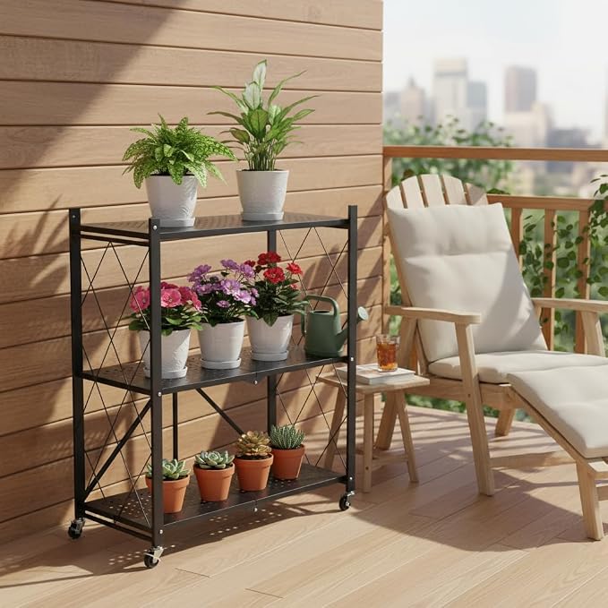 COKIHOM 3-Tier Folding Shelf, No Assembly Metal Shelving Unit with Wheels, Heavy Duty Folding Bookshelf, Space Saving Foldable Storage Shelf for Kitchen, Books, Pantry, Bathroom Organization