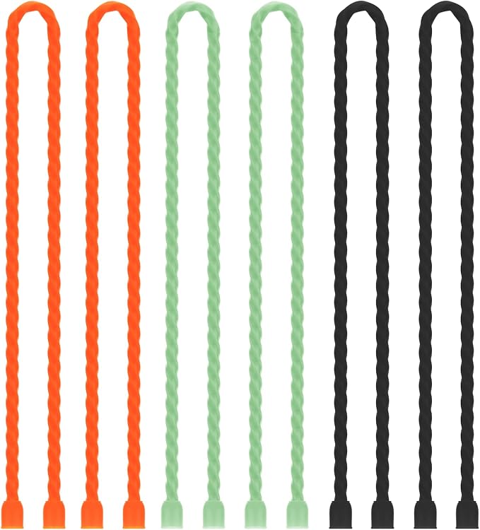 6 PCS 24-Inch Silicone Cable Ties Dia 5mm Reusable Steel-Core Rubber Twist Ties Bendable Cable Ties for Bundling and Holding, All Purpose Cord Tie for Indoor and Outdoor (Orange,Green,Black)