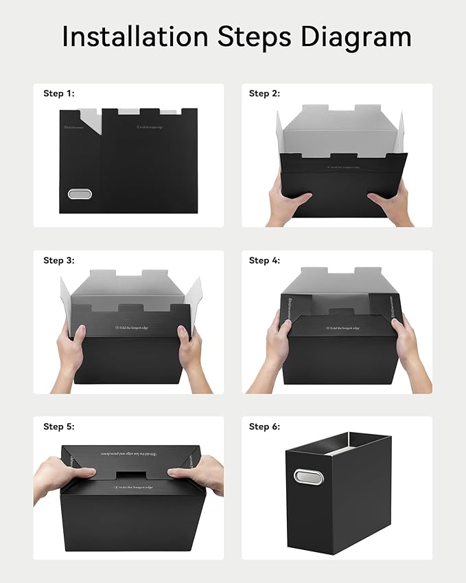 Oterri File Organizer Box, Portable Collapsible Cardboard File Folder Organizer with Handle for Letter Size Hanging Files, Document Storage Box for Home Office & Classroom (6 Packs, Black)