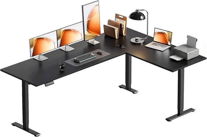 OffiGo 71 Inch Reversible L Shaped Electric Standing Desk, Black | Large Corner Height Adjustable Stand Up Desk, 3 Memory Presets, Sit Stand Table, Reinforced Frame for Home Office Workstation