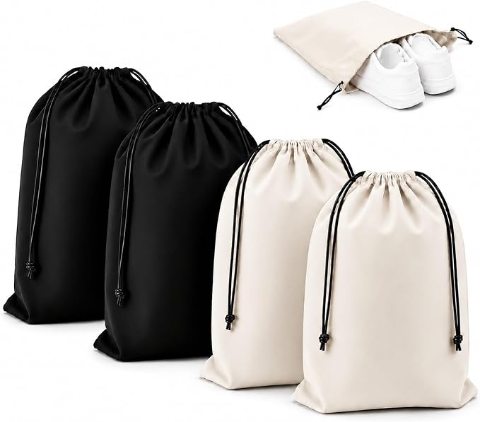 Shoe Bags for Travel, 4 Pack Travel Shoe Bag Organizer, Large Flannel Shoe Bags with Drawstring for Boots, Heels, Handbags & Packing, Washable Reusable Shoe Pouches, Black & Beige