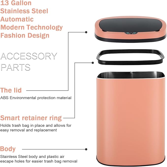 Bigacc 13 Gallon Stainless Steel Trash Can Automatic Trash Can Garbage Can Bathroom Garbage Can with Lid for Kitchen Living Room Office Bathroom, Electronic Motion Sensor Automatic, Pink