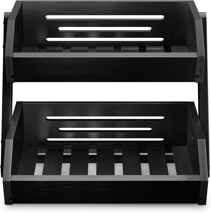 G.a HOMEFAVOR 2-Tier Fruit Basket for Kitchen Counter, Black, Self-assembly | Bamboo Fruit Bowl, Vegetable Storage for Fruit Shop and Home Organizer, 15 mm Thickness