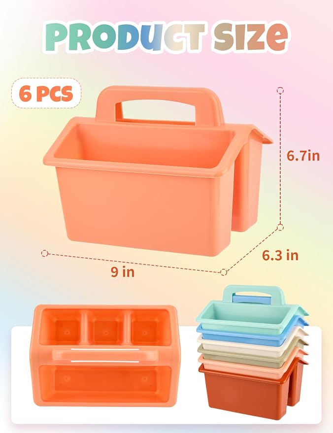 6 Pack Classroom Caddy Organizer with Handle, Table Caddy Classroom | 4 Compartments, 9×6.3×6.7 inches, Thick Durable PP Plastic, Built-in Handle, Stackable Design, for Classroom Desk Office Home