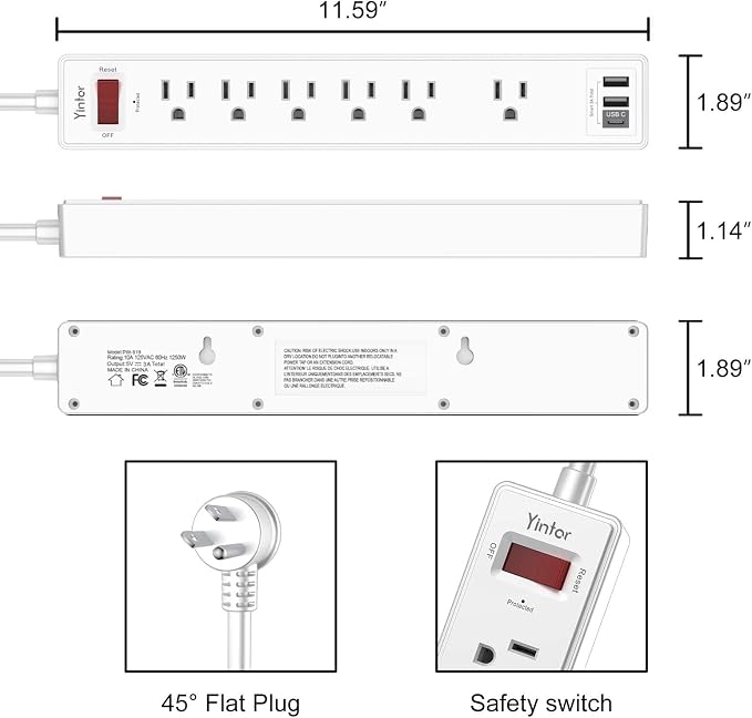 20Ft Power Strip Surge Protector - Yintar Extension Cord with 6 AC Outlets and 3 USB Ports for Home, Office, Dorm Essentials, 1680 Joules, ETL Listed, White