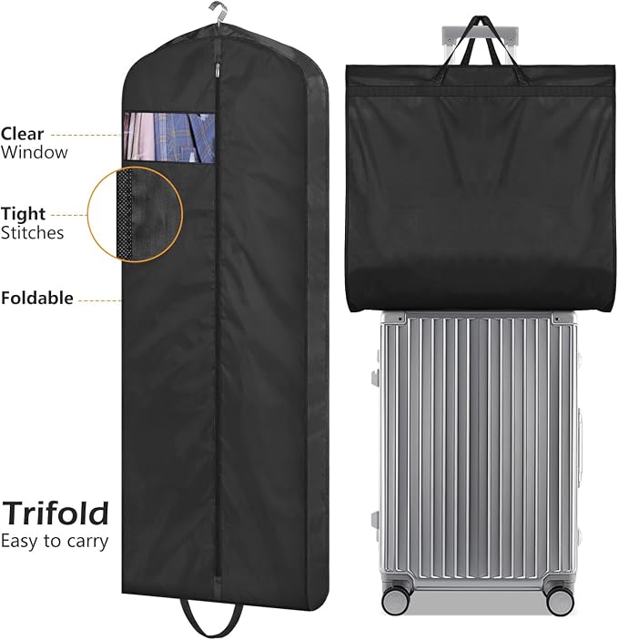 MISSLO 65" Long Garment Bags for Travel Dress Bags for Hanging Clothes 2 Packs Wedding Dress Cover Waterproof Clothes Protector for Closet Storage for Gowns, Tuxedos, Coats, Black