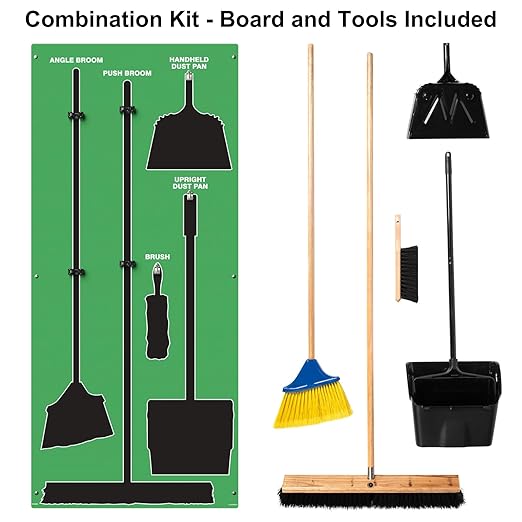 Clean & Sweep 5S Shadow Board/Wall Mount Broom Holder, 68" x 30" Board, 5S Cleaning Station - with Broom and Dustpan Set Included, Made in The USA by AccuformNMC, Green/Black, PSB716GNBK