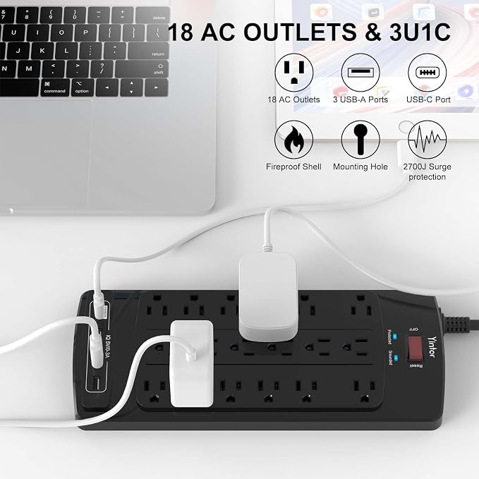 Surge Protector Power Strip, Yintar 10 Feet Flat Plug Heavy Duty Extension Cord with 18 Widely Outlets and 4 USB Ports, 2100 Joules, ETL Listed, Black
