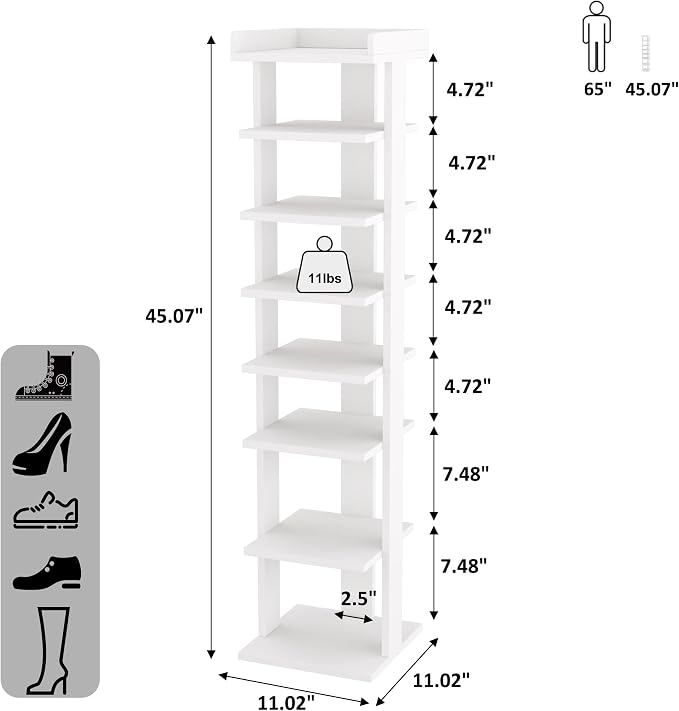 HOMEFORT 7-Tier Wood Shoe Rack, Entryway Shoe Tower,Vertical Shoe Organizer, Wooden Shoe Storage Stand, White