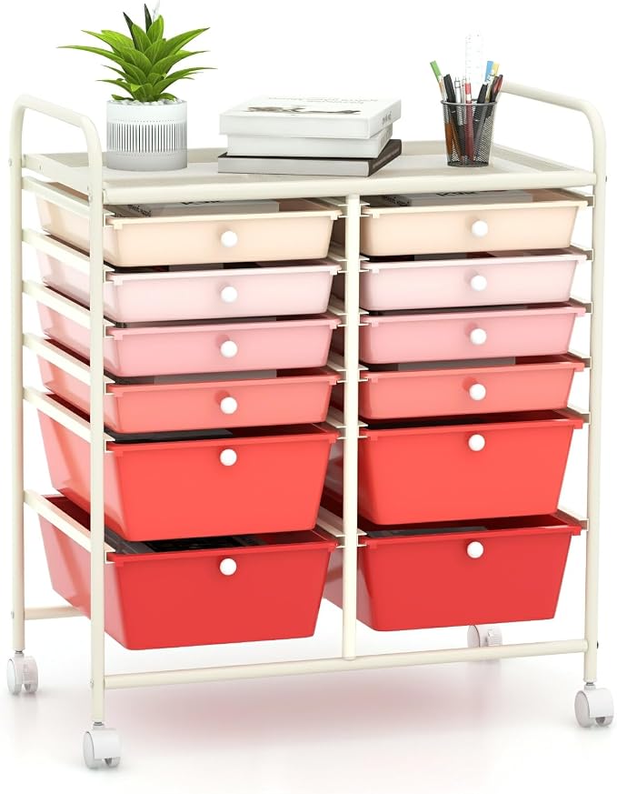 Moccha 12-Drawer Rolling Storage Cart - Utility Cart on Wheels with Lockable Casters for Craft Art Supply Paper Salon, Mobile Drawer Carts for Classroom Teacher School Office (Gradient Pink)