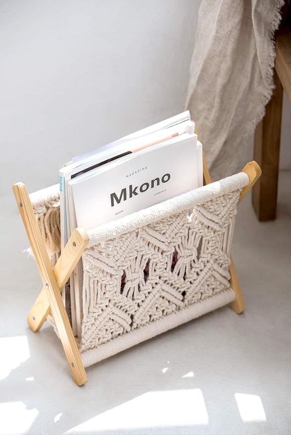 Mkono Macrame Magazine Holder, Boho Woven Book Rack Basket, 11.2"L x 7.5"W | Boho Decor, Mail Paper Vinyl Storage, Living Room Bedroom Bathroom Nursery Dorm Office, Handwoven,Space-Saving, Ivory