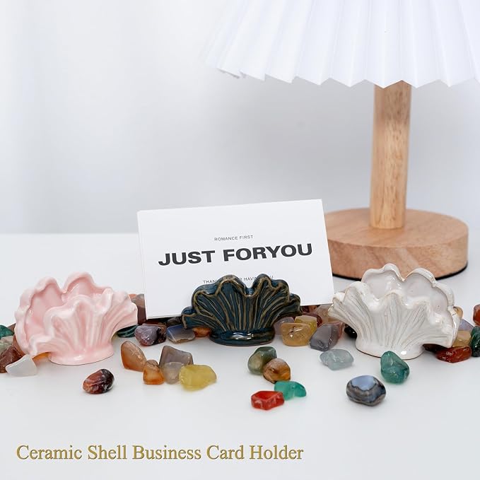 Ceramic Shell Business Card Holder Set of 3 - Pink, White, Blue - Boho Vertical Desk Organizer and Business Card Display for Office,Wedding,Home Decor- Cute Desk Accessories and Unique Gift