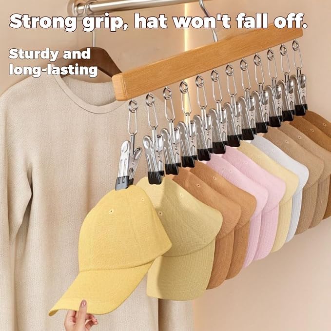 Wooden Closet Organizer Hanger with 12 Clips, Space Saving Hanging Organizer for Hats Scarves Jeans Skirts Socks Pants, 15 Inch, 360° Swivel Hook (1, Brown)