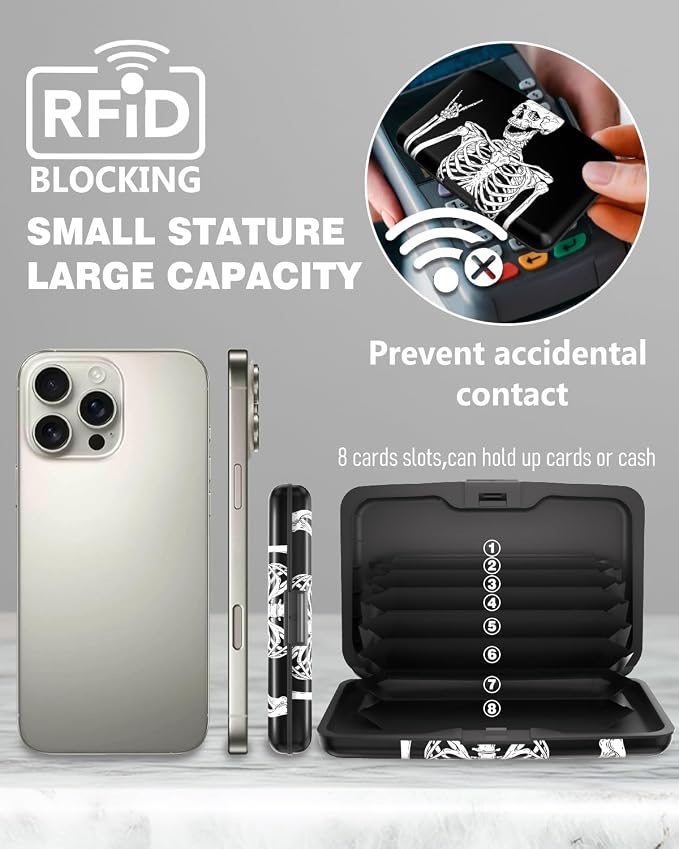 Maicican Credit Card Holder, Mini RFID Blocking Aluminum Wallet | Slim Metal Hard Case Travel Wallet ID Case for Women and Men, 4.3 x 2.9 Inches, Skull