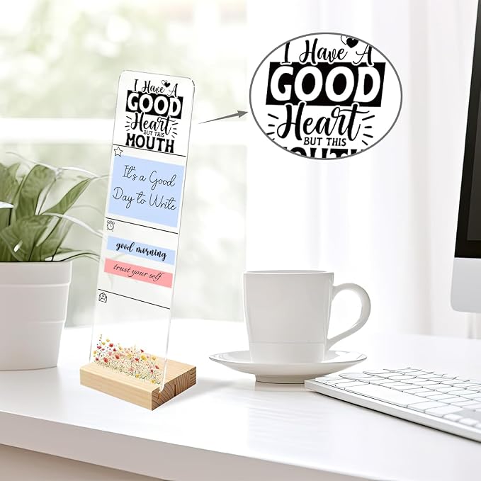 Sticky Note Holder, Monitor Memo Board, Acrylic Post It Note Holder with Wooden Base, Includes 200 Notes, Desk Organizer Funny Mouth Quote