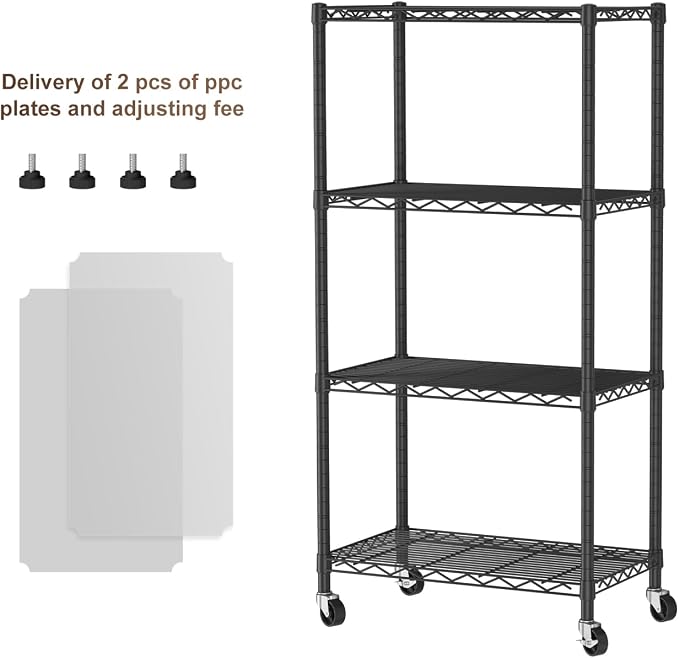 Golpart Shelves Storage Shelf Wire Closet Bathroom Organizers Metal Pantry | 4 tier Kitchen Garage Shelving Unit Laundry Room Organization Home Rack Net Basket Black with Wheels 14”D X 24”W X 48.9”H