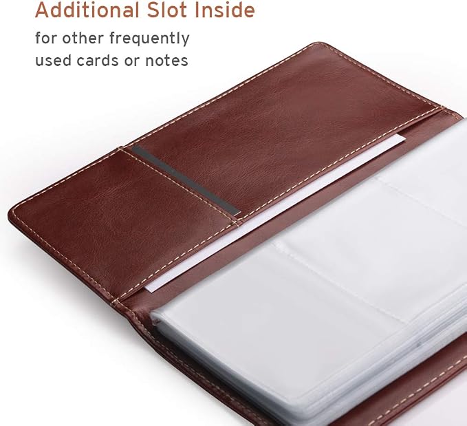 Sooez Leather Professional Business Card Book Holder Organizer, 240 Capacity Credit Card Booklet, PU Name Cards Holder Storage File for Men Women, 7.7"x 4.5" x 0.7", Brown