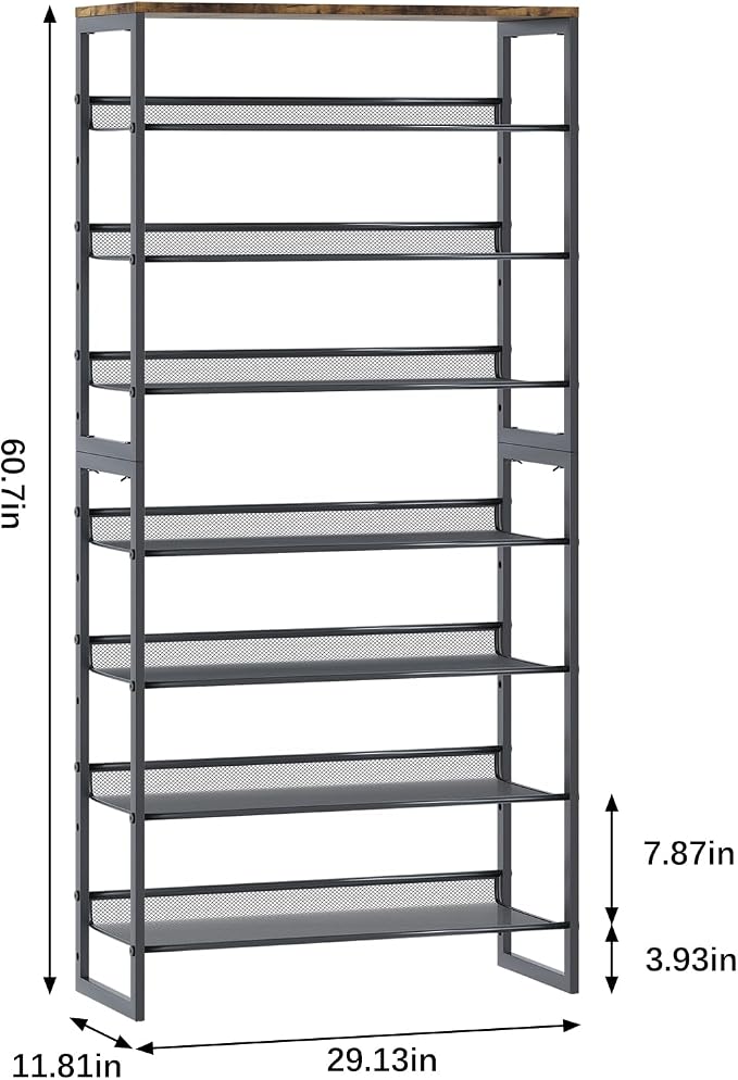 Garden 4 you Shoe Rack 8 Tiers Shoe Storage Organizer,Large Capacity Storage Rack with Brown Wooden Tabletop,Adjustable Metal Shelf Stackable Shoe Shelf for Entryway Hallway Living Room Closet