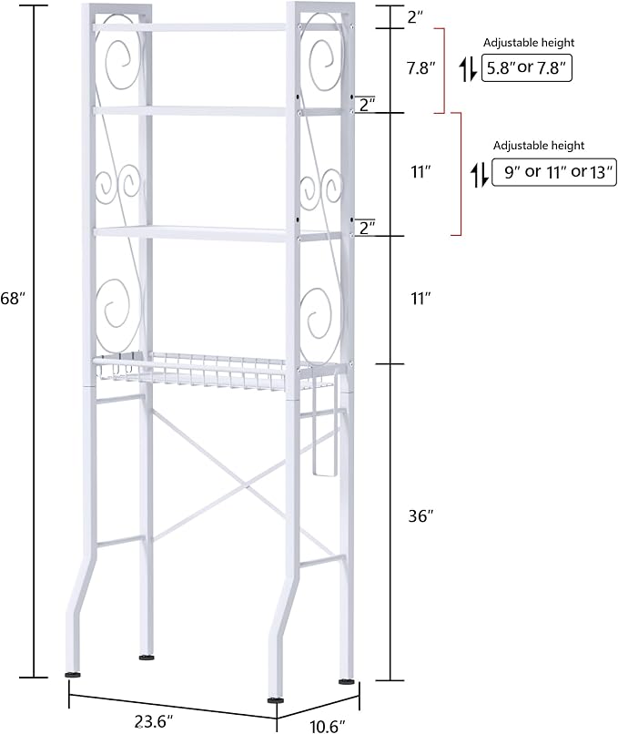 Aduanbang 4 Tier Over The Toilet Storage Rack, Bathroom Organizer Shelf with Basket, Adjustable Shelves, Freestanding Space Saver for Small Bathrooms (White)