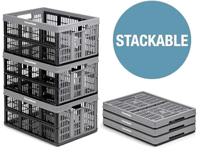 CleverMade Collapsible Utility Crates 45L (3 Pack) – Foldable Plastic Crates with Heavy Duty 66 lb Capacity, Collapsible Crates for Storage, Trunk Organization, Moving - Ocean