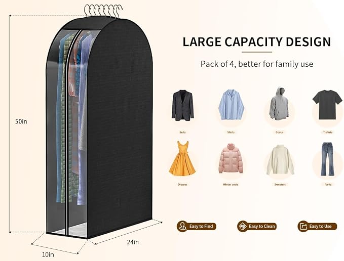 Black Garment Bags for Hanging Clothes 4 Packs, 10“ Gusseted and 50" Clothes Protectors for Hanging Clothes for Closet, Shirts, Coats, Dresses
