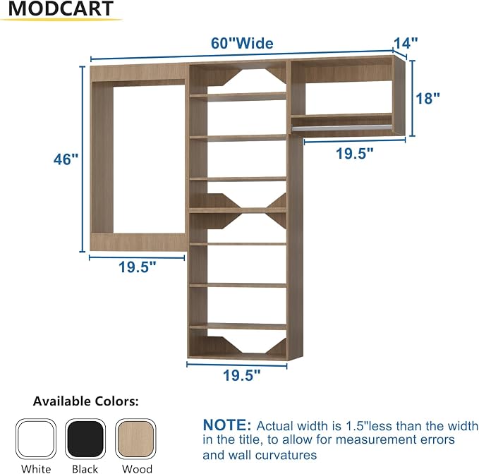 Modular Closet System, 60" Wide Closet Organizer System with Towers and Hanging, Wood Closet Tower Storage for Walk In Closets, Wall Mounted Wardrobe Organizer Kit System, Bedroom, Wood