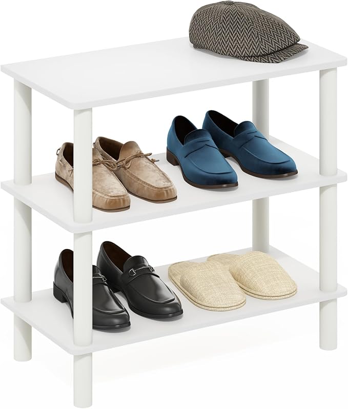 Furinno TURN-N-TUBE 3-Tier Toolless Narrow Shoe Rack, White | 11.7 x 23.6 x 21.9, Small Shoes Organizer, Shoe Rack Storage with Freestanding Organizer, for Closet Entryway, Office, Garage