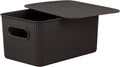 Decorative Plastic Basket Lidded Home Storage Bins Organizer Baskets, Medium Brown (1 Pack - 5 Liter) Stackable Container Box, for Organizing Closet Storage Bins for Shelves - Ribbed Collection