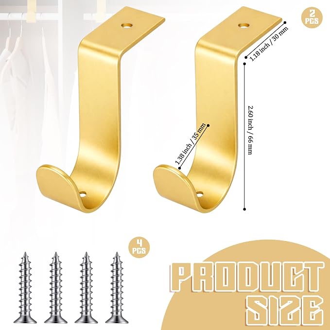 Hicarer 2 Pcs 1.38 Inch Closet Rod Brackets Heavy Duty Metal Wall Mount Rod Brackets with Screws Closet Pole Support for Living Room Bedroom Shelf Office(Gold)