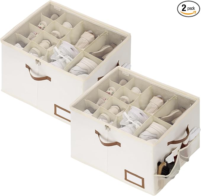 StorageWorks 2-Pack Shoe Storage Box for Closet, Sandal Organizer, Beige | Up to 32 Pairs, 12 Shoe Slots Each, Fixed Compartments, Clear Lid, Label Window, Side Mesh Pocket, Fits Flats & Low-Tops