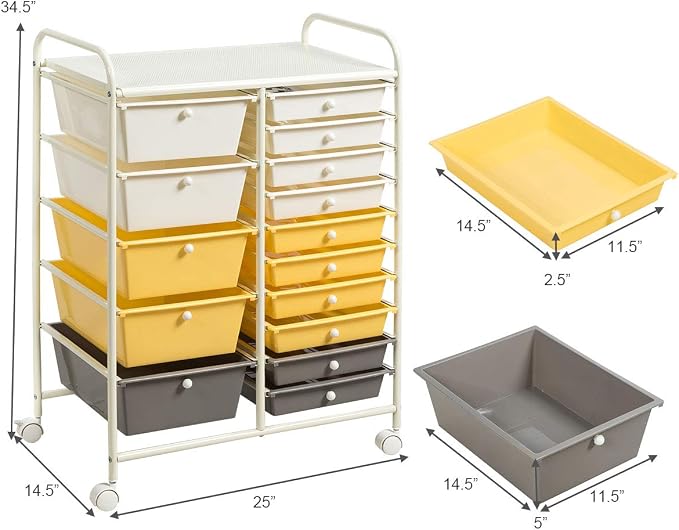 LUARANE Rolling Cart with 15 Drawers, Craft Storage Cart with Portable Handles & Lockable Wheels, Mobile Toys Organizer, Large Capacity Utility Drawer Cart Home Office School Teacher (Yellow)