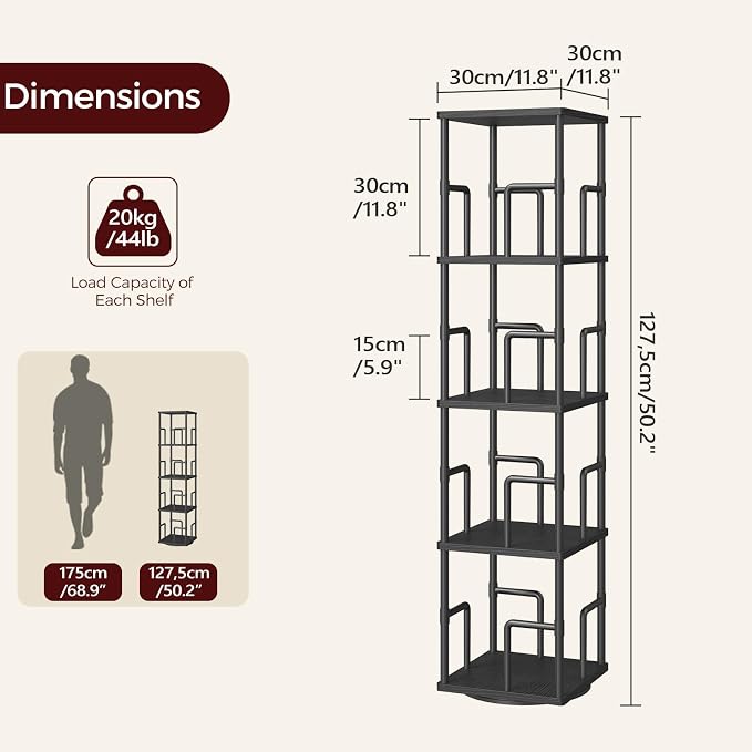MAHANCRIS 4-Tier Rotating Bookshelf, Freestanding Corner Bookshelf, 360° Spinning Bookcase, Industrial Style Storage Rack with Rails, for Living Room, Bedroom, Study, Black BKBK1501
