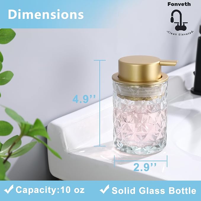Foaming Soap Dispenser Clear Glass Bottle Gold Pump, Easy Refill and Clean Design Clog-Free Heavy Glass for Kitchen Bath