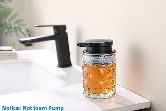 Glass Soap Dispenser Bathroom Soap Dispenser 10 oz Black Pump(Can't Foam), Countertop Refillable Clear Glass Bottle with Large Pump Head Big Cup Mouth Diamond Pattern