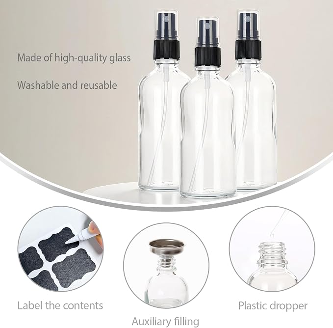 3.4 oz Glass Spray Bottles,Empty Fine Mist Refillable Travel Spray Bottle for Cleaning,Perfume,Aromatherapy,Cosmetic Sprays,Hair,Essential Oils with Fine Mist Dispenser（3 Pack）