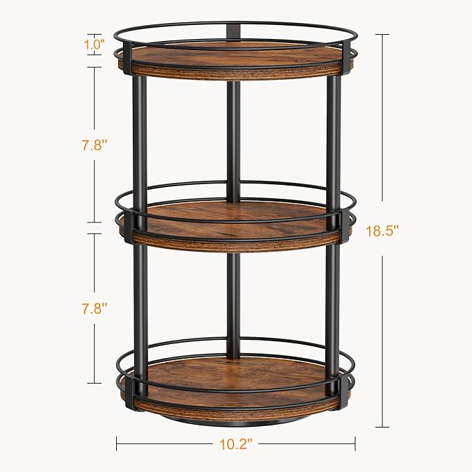 Snughome Lazy Susan Organizer, 3 Tier Rotating Spice Rack, Turntable Lazy Susan Kitchen Countertop Organizer, 10.2" x 10.2" x 18.5", Rustic Brown