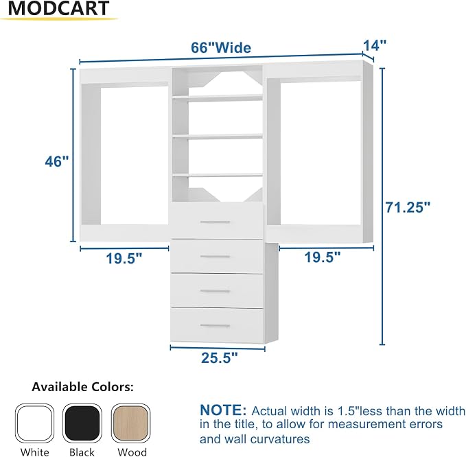 Modular Closet System, 66" Wide Closet Organizer System with Hanging and Drawers, Wood Tower Closet Storage for Walk In Closets, Wall Mounted Wardrobe Organizer Kit System, Bedroom, White