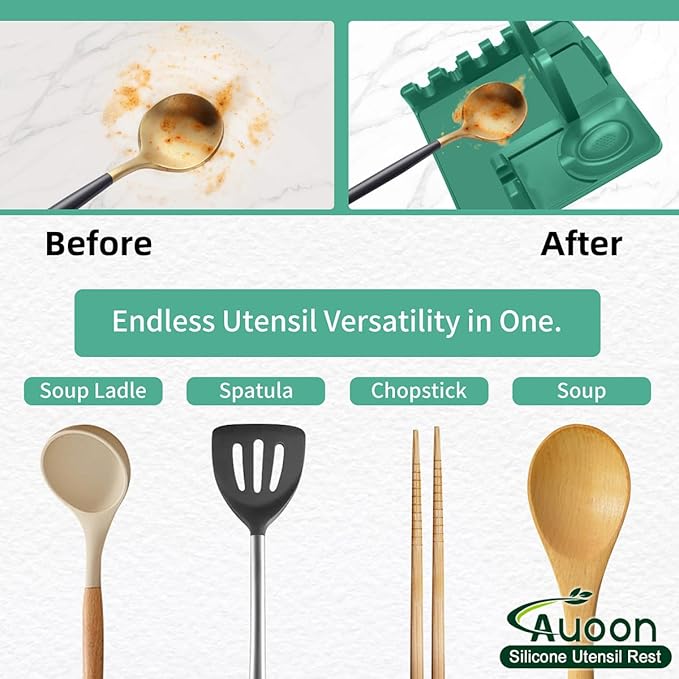 Auoon Silicone Spoon Rest with Lid Holder, 3-in-1 Kitchen Utensil Rest for Soup Ladles, Pot Lids, Spatulas, Spoons, Tongs, BPA Free & Dishwasher Safe, 8.26 x 8.06 Inch (Sea Blue, Large)