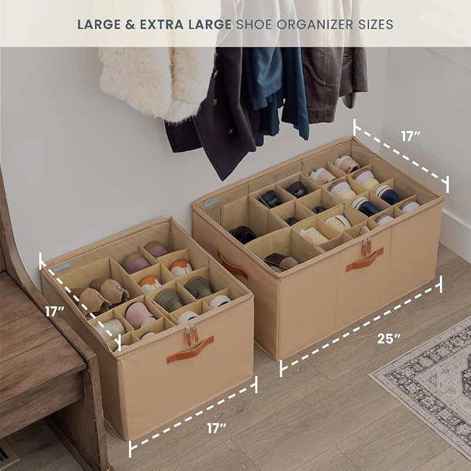OrganiHaus Large Shoe Storage Bin for Closet, Shoe Organizer Box Fits up to 16 Pairs, Collapsible Fabric Shoe Basket w/Clear Cover, Adjustable Dividers & Reinforced Handles, Brown