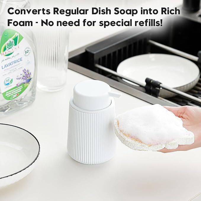 YAUKPH Striped Foaming Hand Soap Dispenser with Leak-Proof Pump for Bathroom and Kitchen Countertop 11oz White