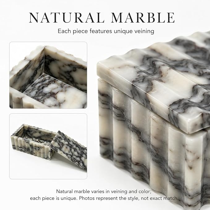Marble Storage Box with Lid, White Purple Wave Organizer | Lidded design, wave texture, purple-gray veining varies, accessories not included