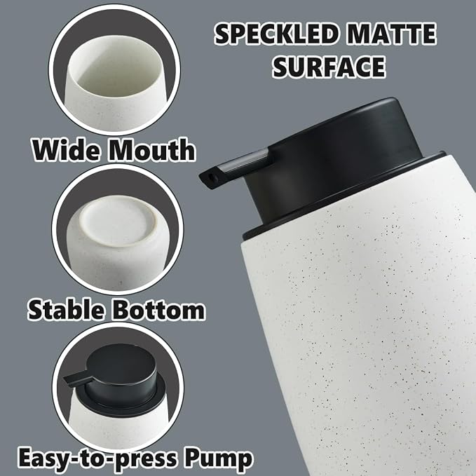 12Oz Foaming Soap Dispenser - Ceramic Foam Hand Soap Dispenser with Easy-to-Press Black Pump, Reusable and Refillable Lotion Dish Soap Dispensers for Bathroom & Kitchen, Speckled Matte White