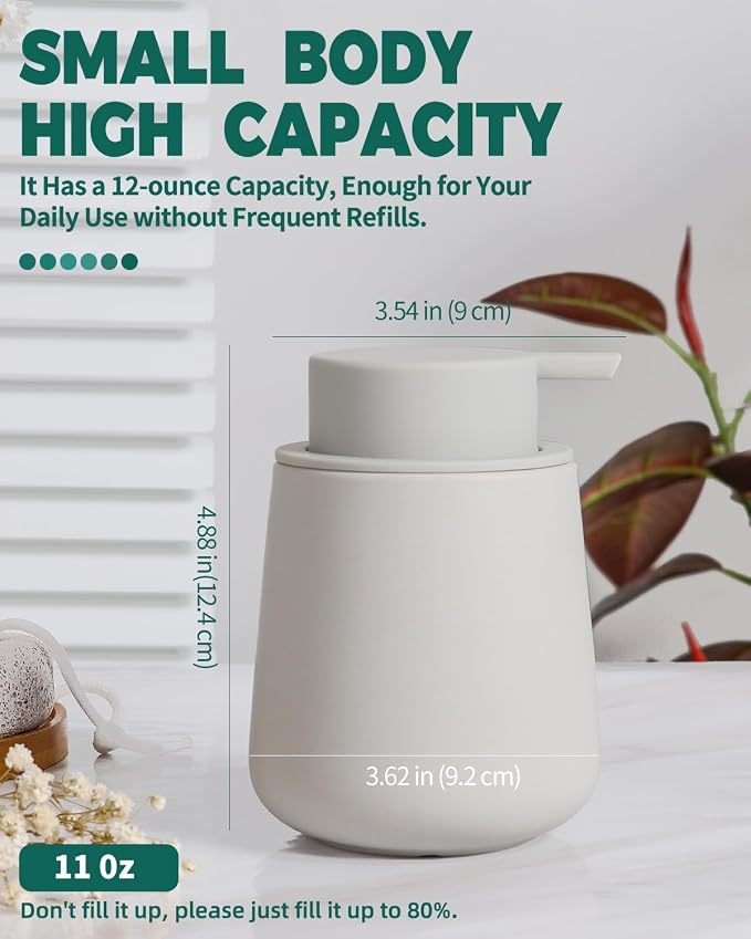 Bosilunlife 12Oz Ceramic Foam Soap Dispenser for Bathroom Kitchen Counter | Premium countertop foam pump creates delicate dense foam, stable desktop placement, Matte Light Grey