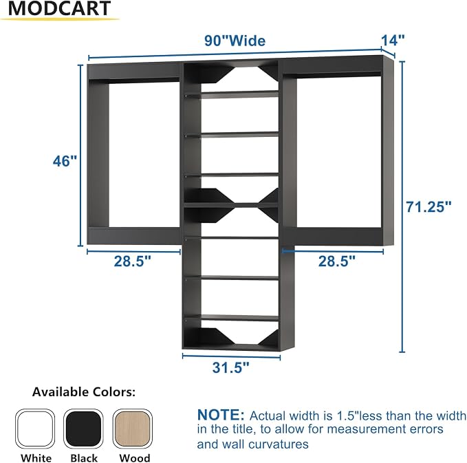 Modular Closet System, 90" Wide Organizer With Hanging and Towers, Wood Storage for Walk In Closets, Wall Mounted Wardrobe Kit, Bedroom, Black