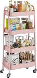 DUMOS 4 Tiers Rolling Utility Cart, Storage Organizer, Shelving Unit | Metal, Lockable Wheels, Mobile, Kitchen, Bathroom, Laundry, Narrow Places, Pink