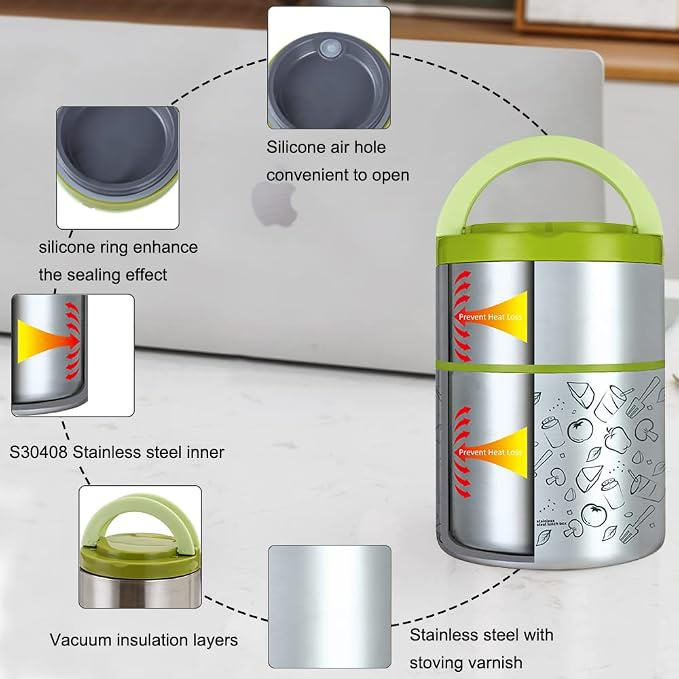Lille Home 2 Tier Vacuum Insulated Stainless Steel Thermal Lunch Box,32OZ | 2 Tier Bento Food Container with Lunch Bag, Leakproof Wide Mouth Bento Box for Cold/Warm Food, Portion Control, Blue